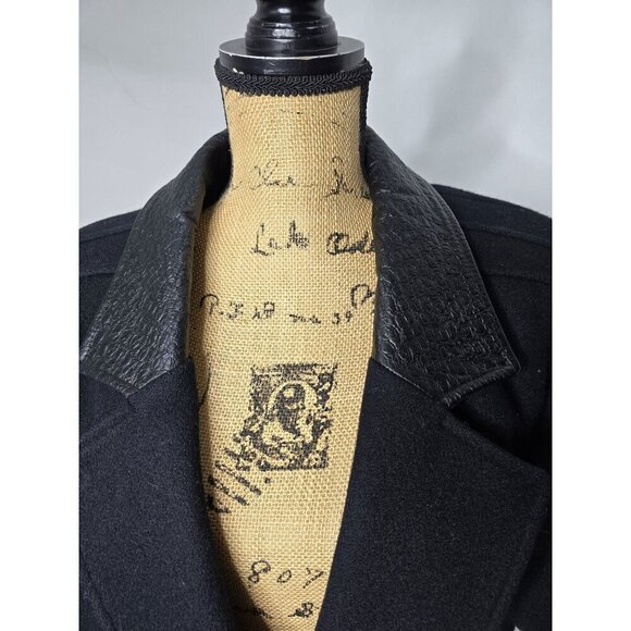 Vintage Black Wool Leather Trim Overcoat Classic - Picture 14 of 16